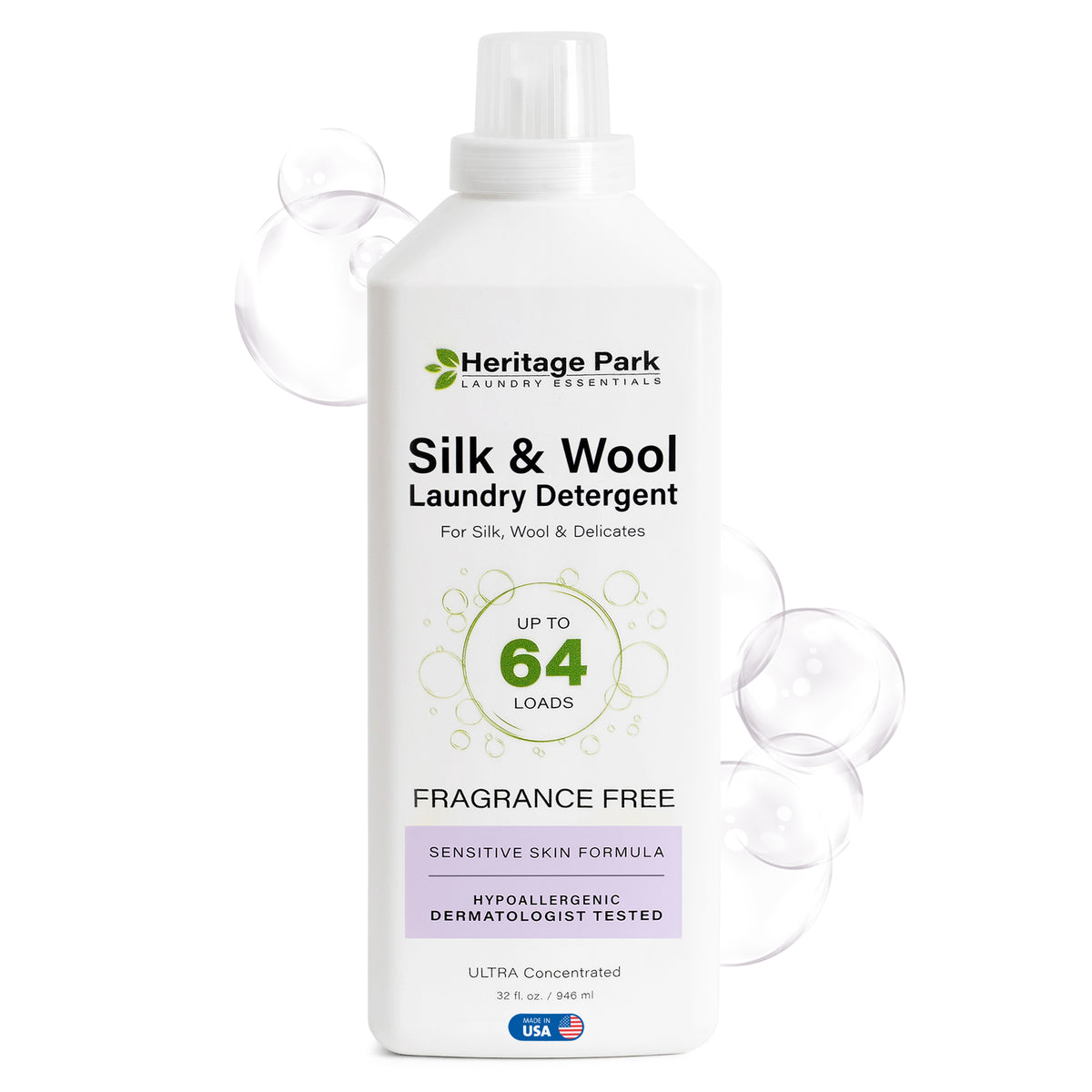 Bottle of Fragrance Free heritage park silk and wool laundry detergent 32 fl. oz. trial size with bubbles in background