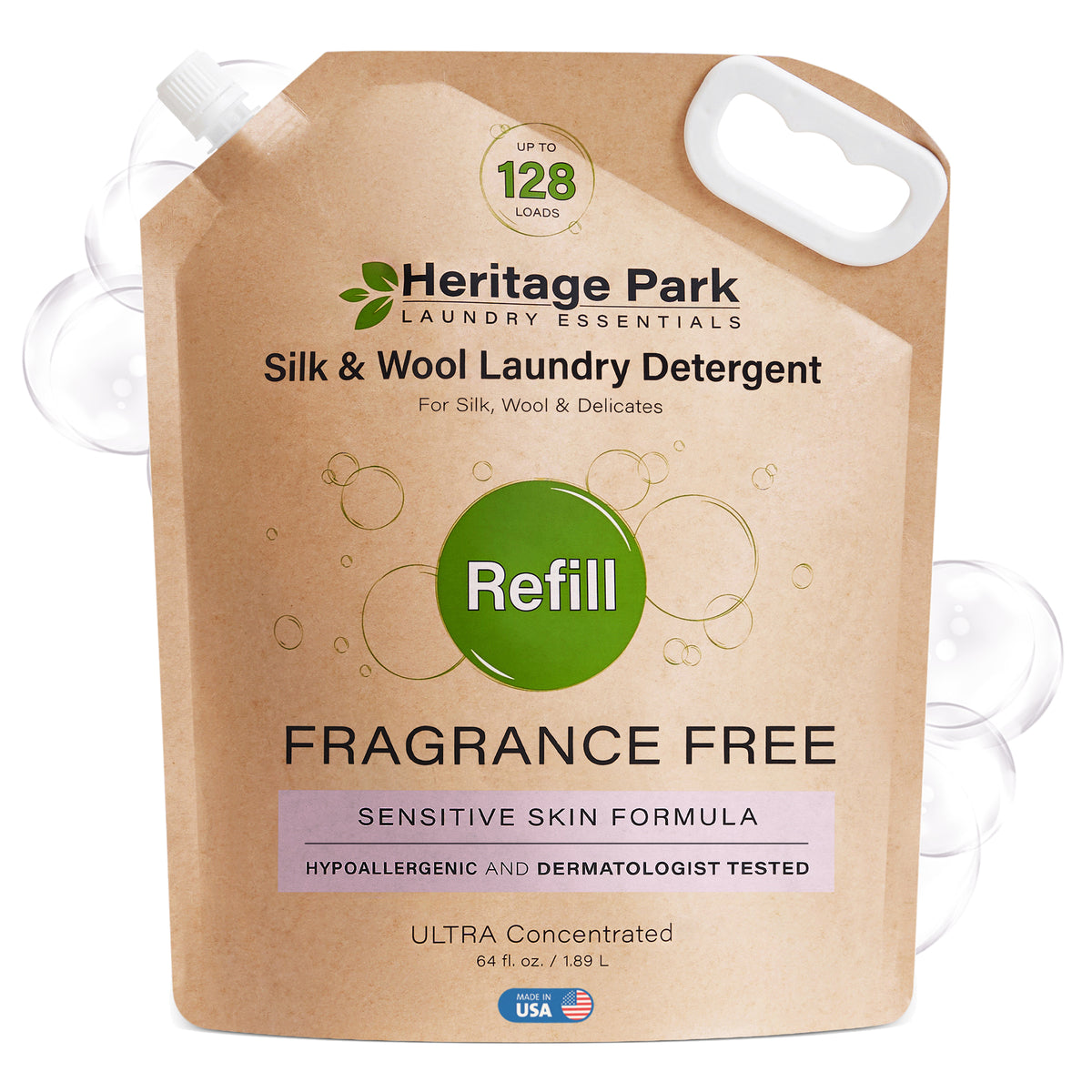 Fragrance Free Heritage Park Silk and Wool laundry detergent refill pack with bubbles in background