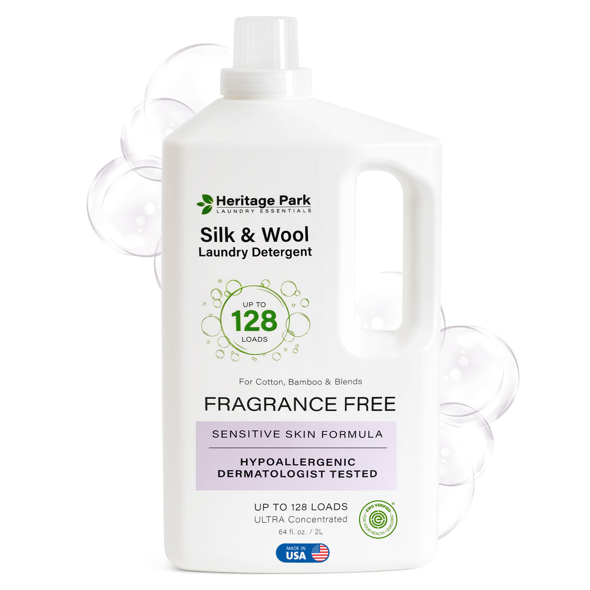 Bottle of Fragrance Free heritage park silk and wool laundry detergent 64 fl. oz. trial size with bubbles in background