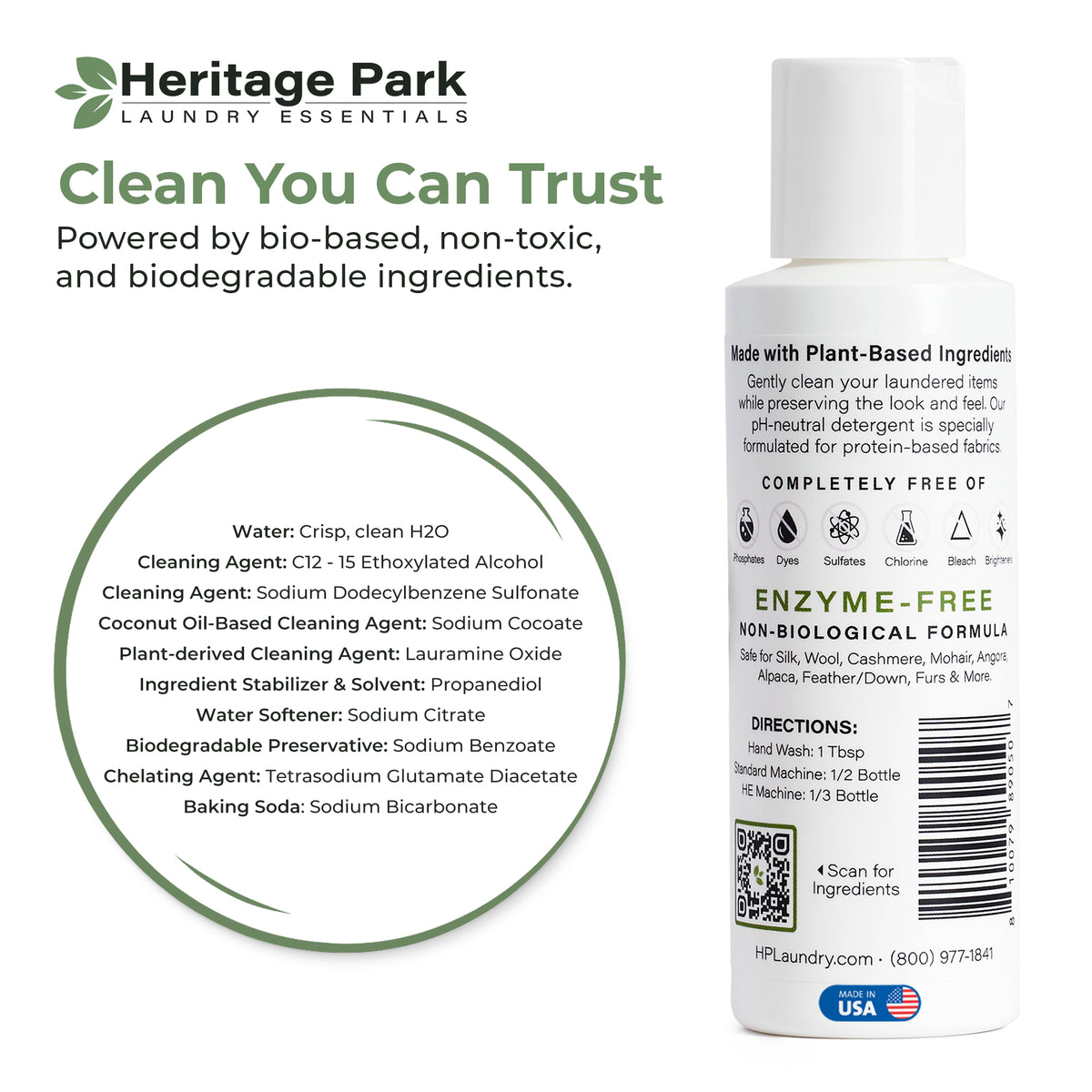 Infographics of heritage park laundry detergent ingredients and usage guide of Fragrance Free