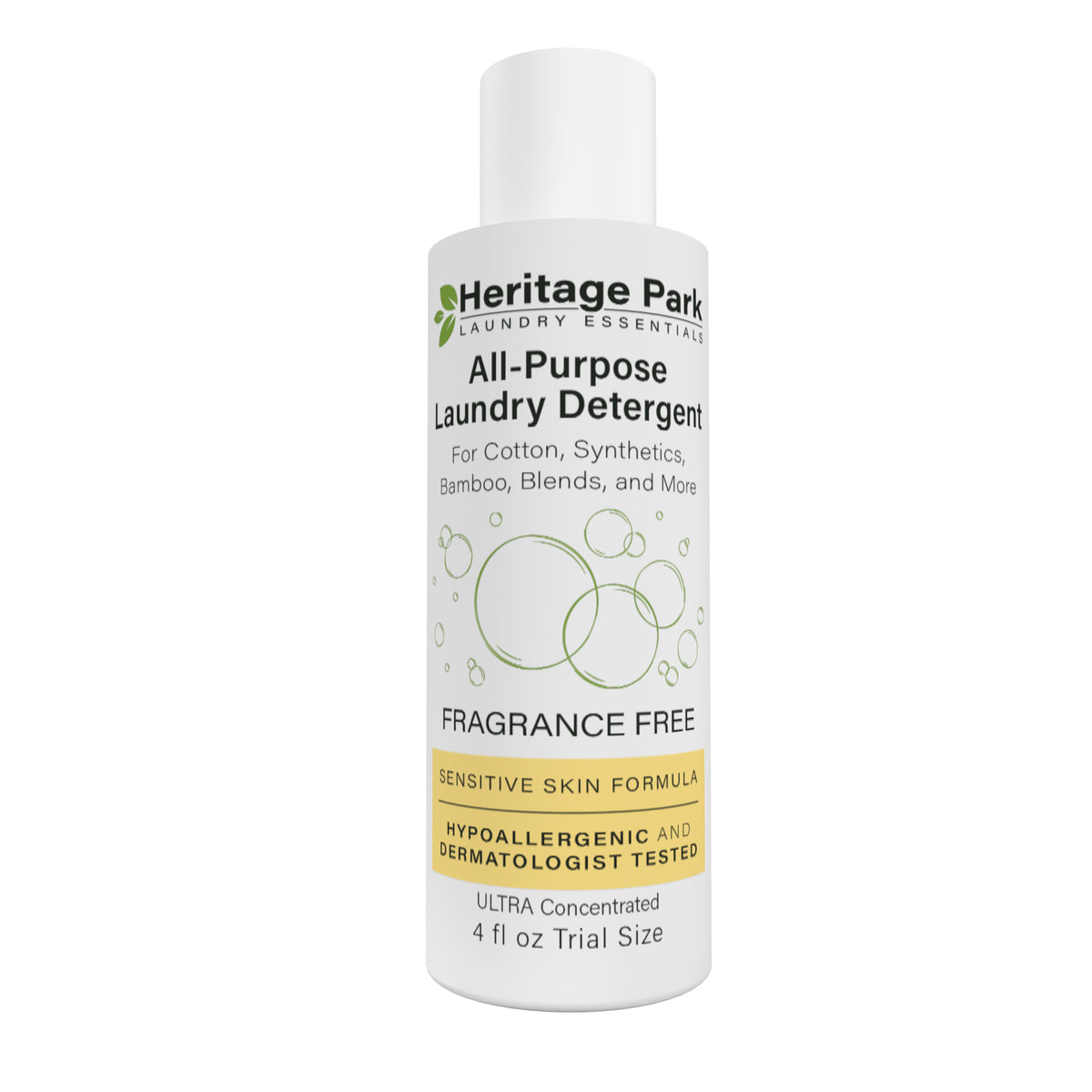 Close up shot 4 oz trial size bottle of Heritage Park All Purpose Fragrance Free Laundry Detergent