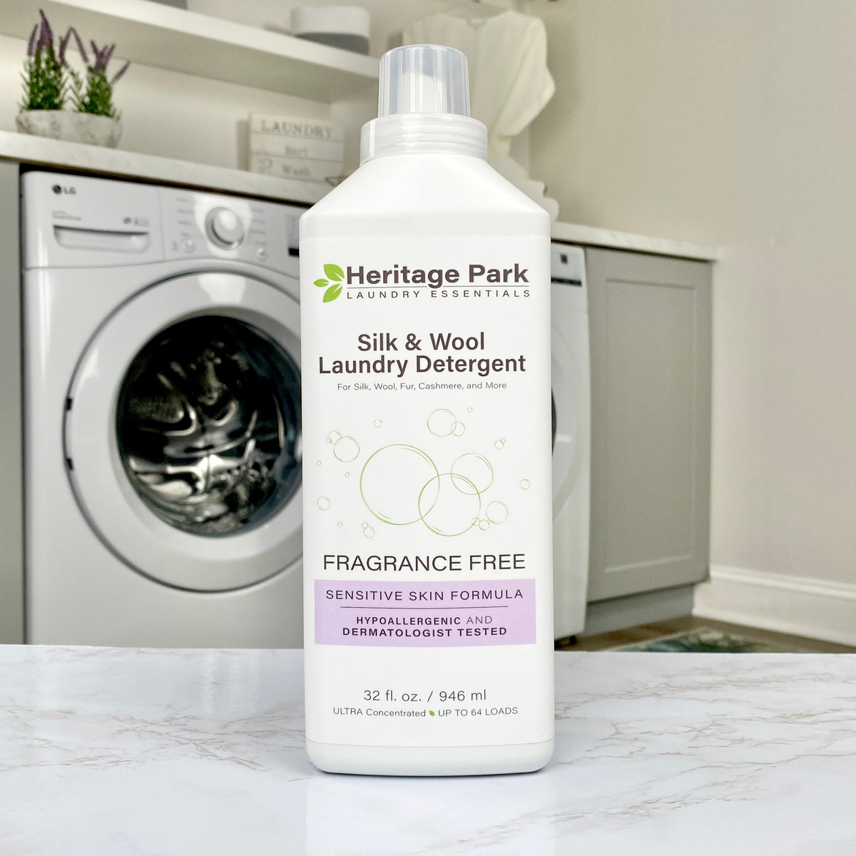 32 oz bottle of Heritage Park Fragrance Free Silk & Wool Laundry Detergent in laundry room