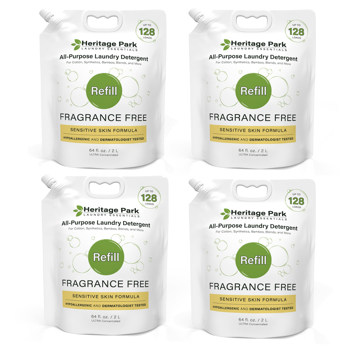 Four 64 oz Heritage Park All Purpose Fragrance Free Laundry Detergent refill packs - buy in bulk