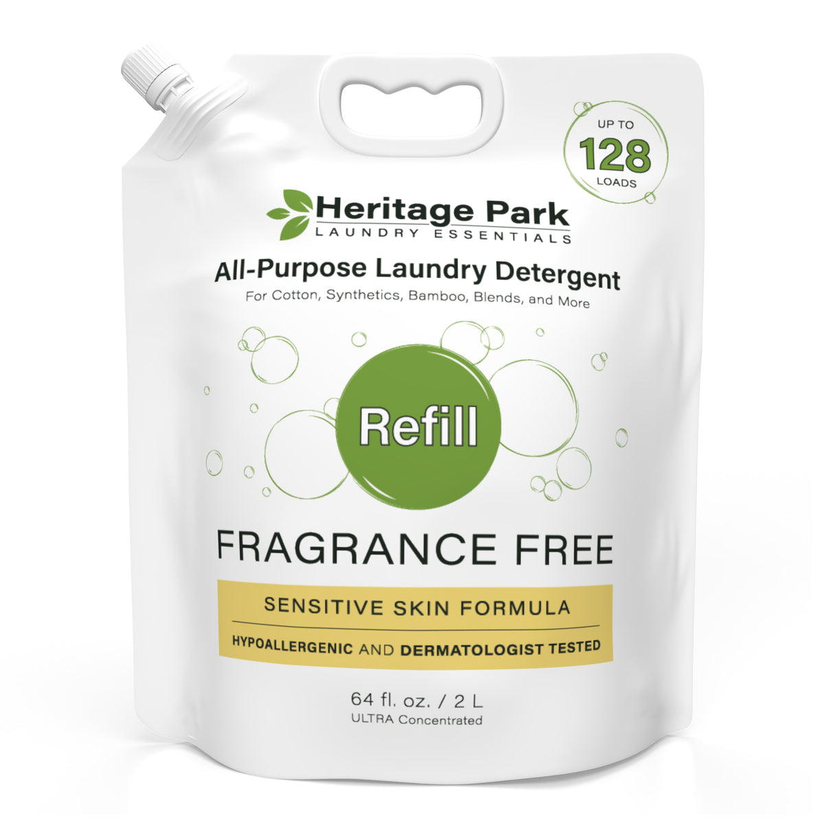 Front of the 64 oz Heritage Park All Purpose Fragrance Free Laundry Detergent refill bag