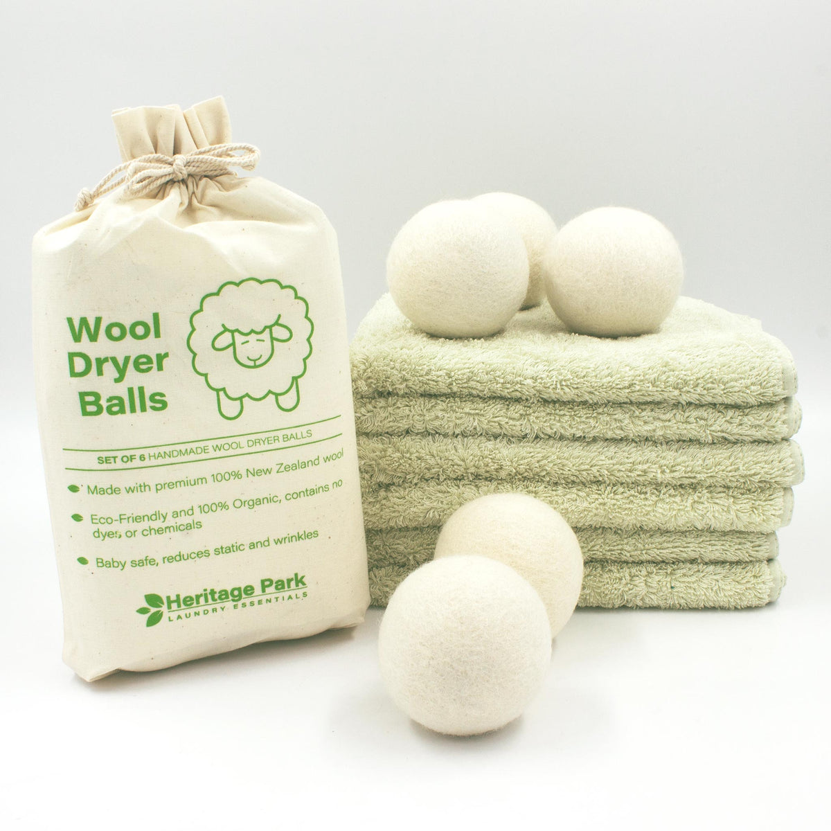 Heritage Park Wool Dryer Balls on top of folded towels
