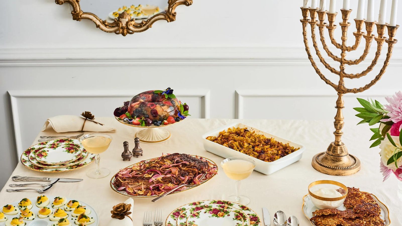 Hanukkah Food Table Display with Menorah 