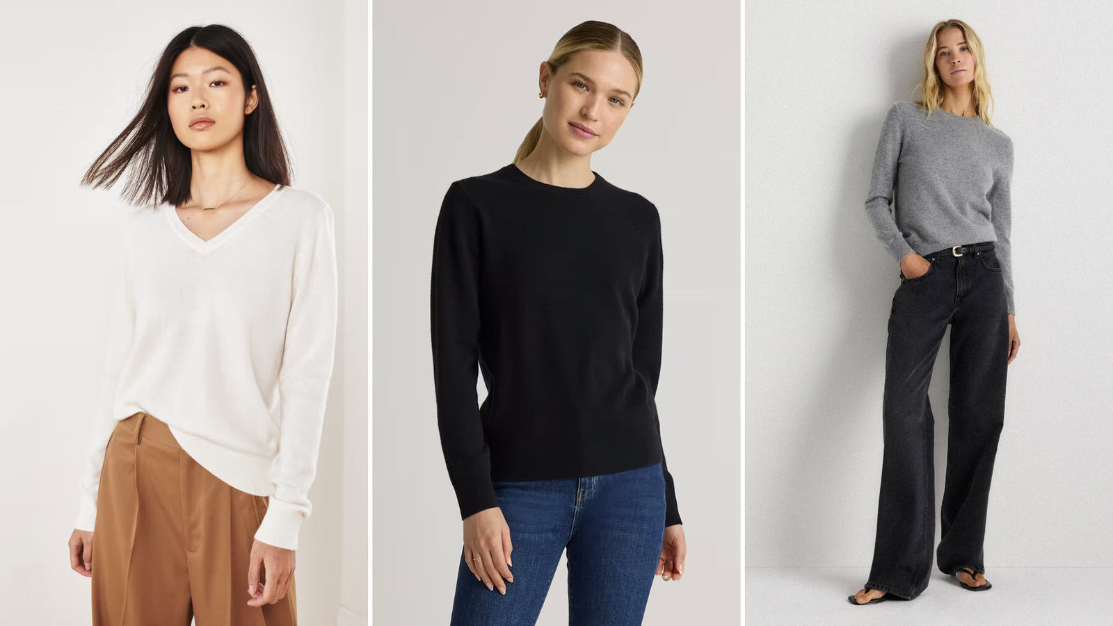three women wearing Quince cashmere sweaters
