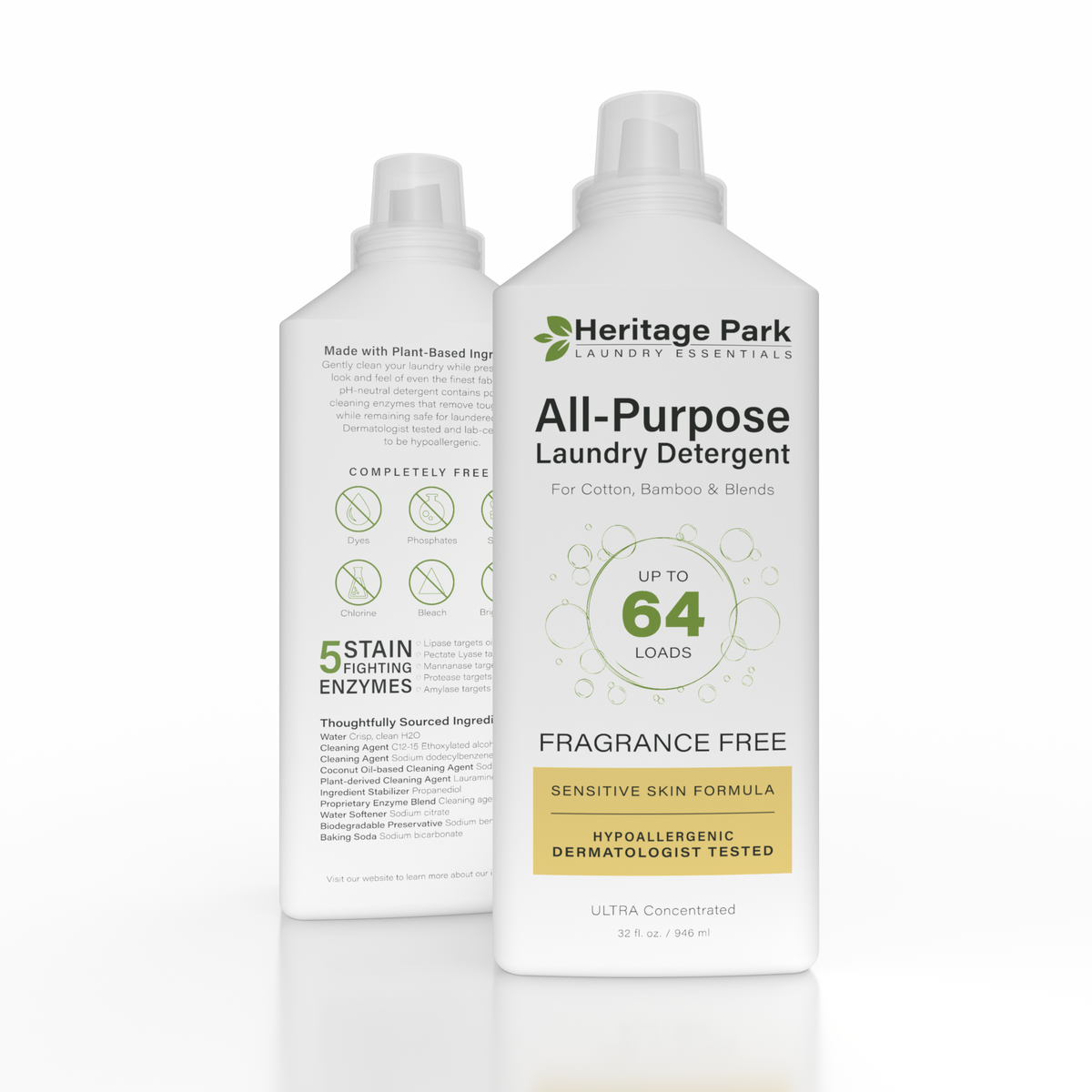 32 oz bottle of Heritage Park  Fragrance Free All-Purpose Laundry Detergent showing the front and back of bottle