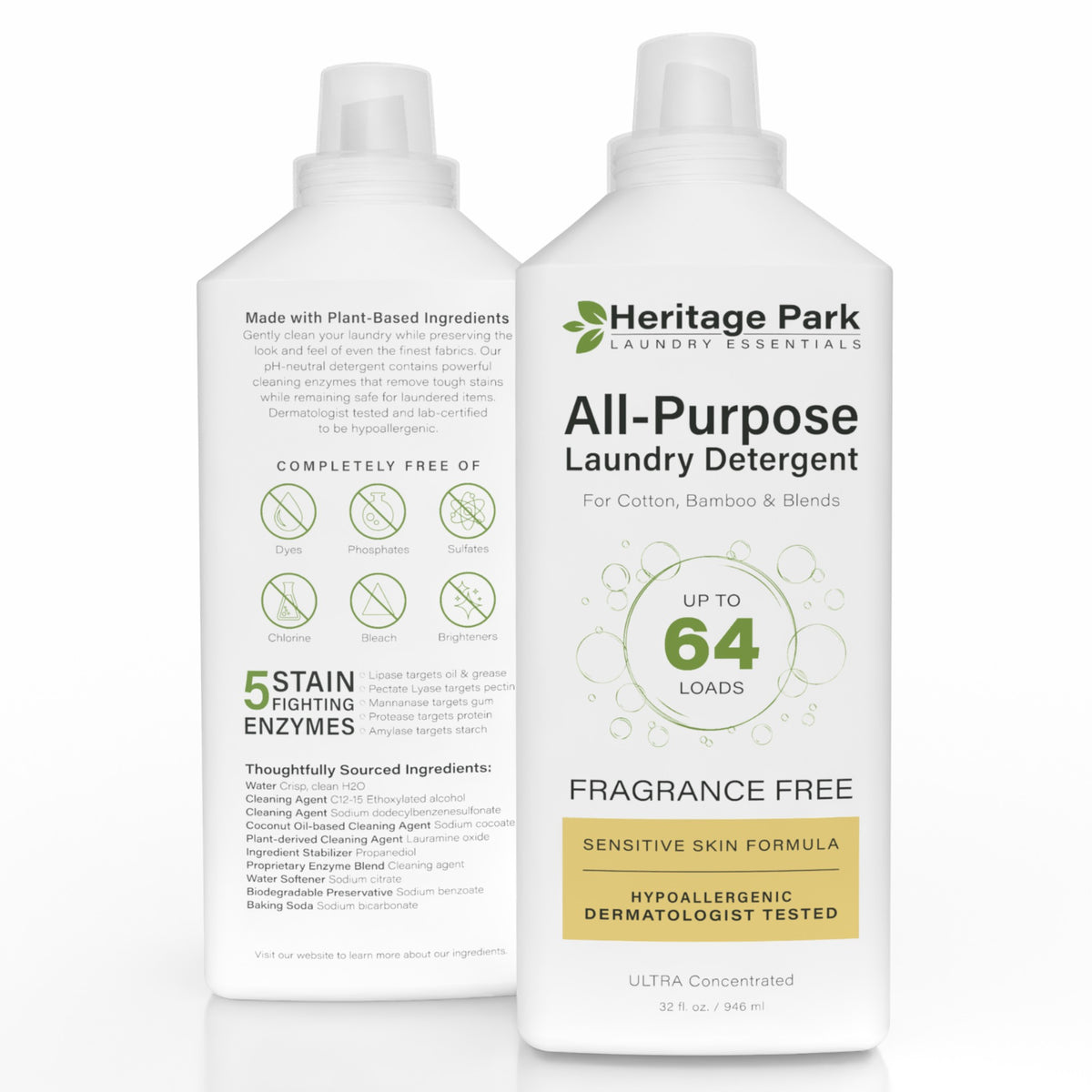 32 oz bottle of Heritage Park  Fragrance Free All-Purpose Laundry Detergent showing the front and back of bottle