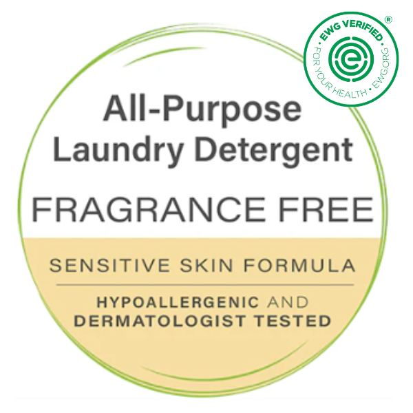 EWG Verified seal for Heritage Park's All-Purpose Laundry Detergent, highlighting a fragrance-free, sensitive skin formula that's hypoallergenic and dermatologist tested.