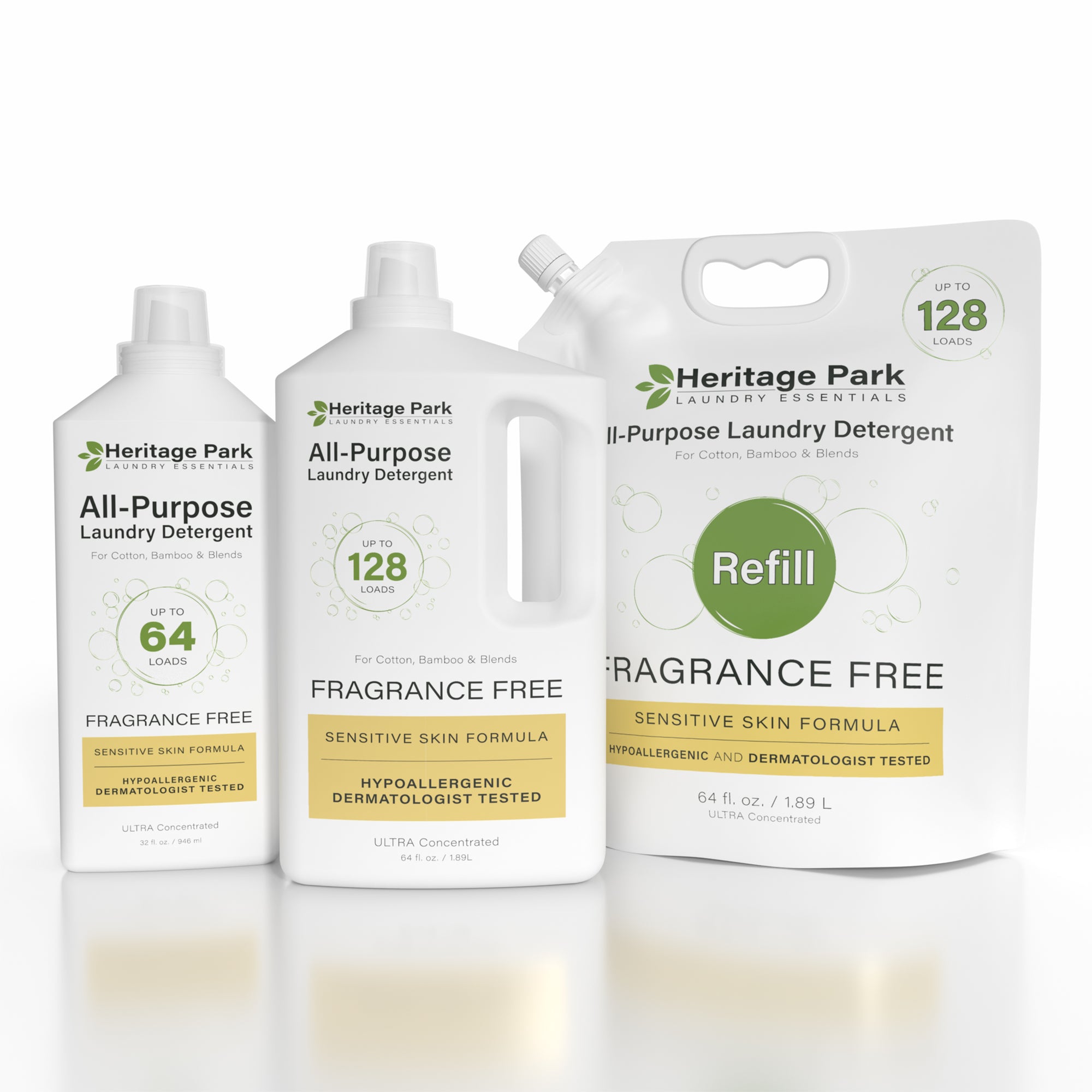 Heritage Park All-Purpose Fragrance Free Laundry Detergent in 32 oz bottle, 64 oz bottle and the 64 oz refill bag