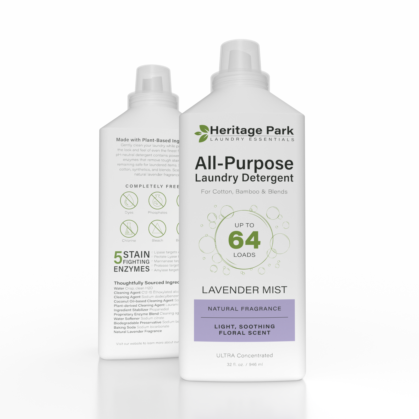 Heritage Park All Purpose Lavender Mist Laundry Detergent in 32 oz bottle and the 64 oz refill bag