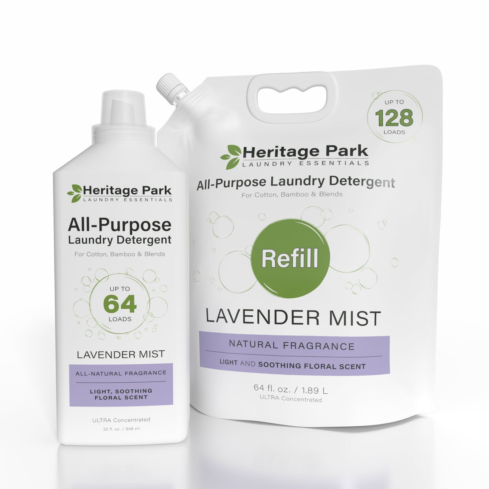 Heritage Park All Purpose Lavender Mist Laundry Detergent in 32 oz bottle and the 64 oz refill bag