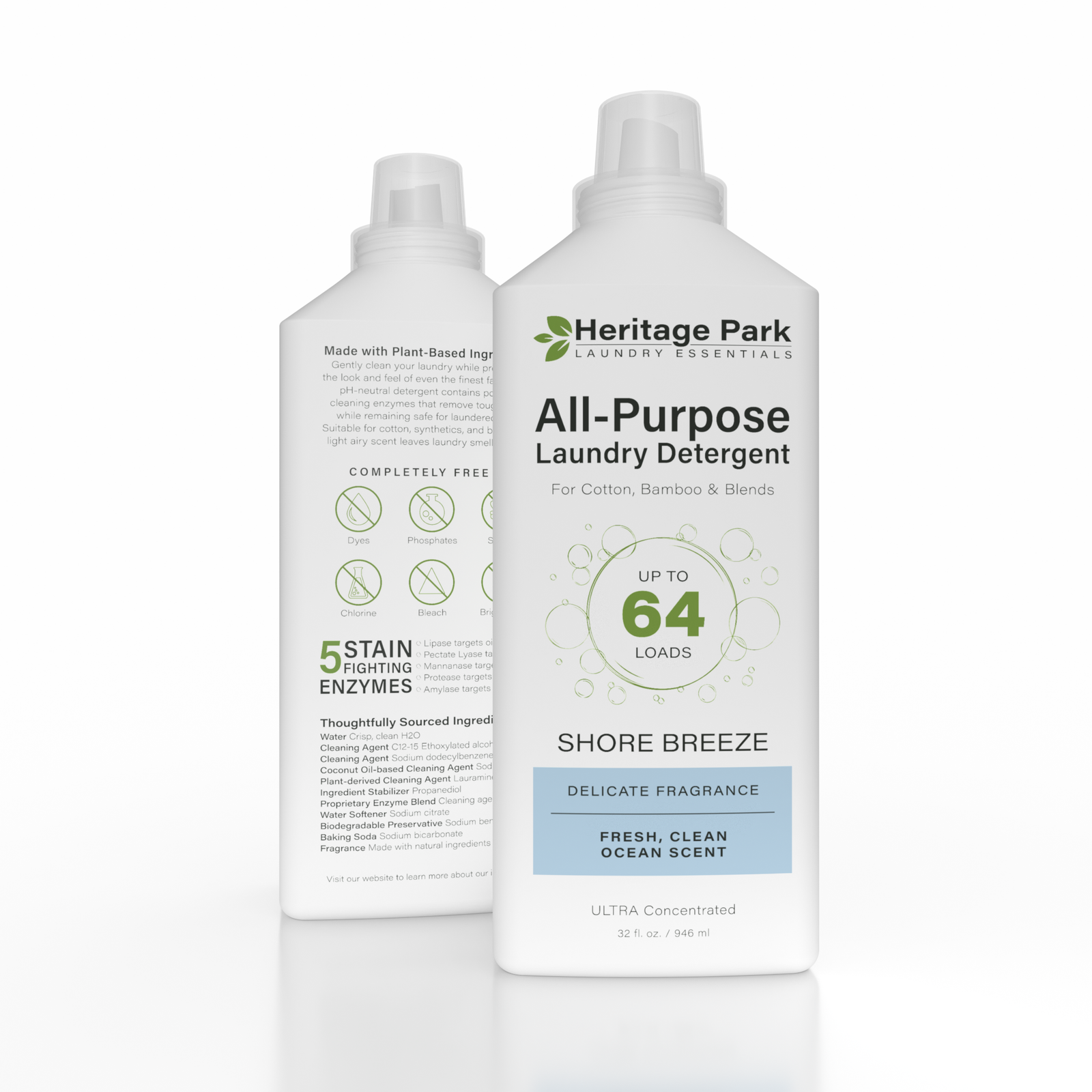 Heritage Park All Purpose Shore Breeze Laundry Detergent in 32 oz bottle, 64 oz bottle and the 64 oz refill bag