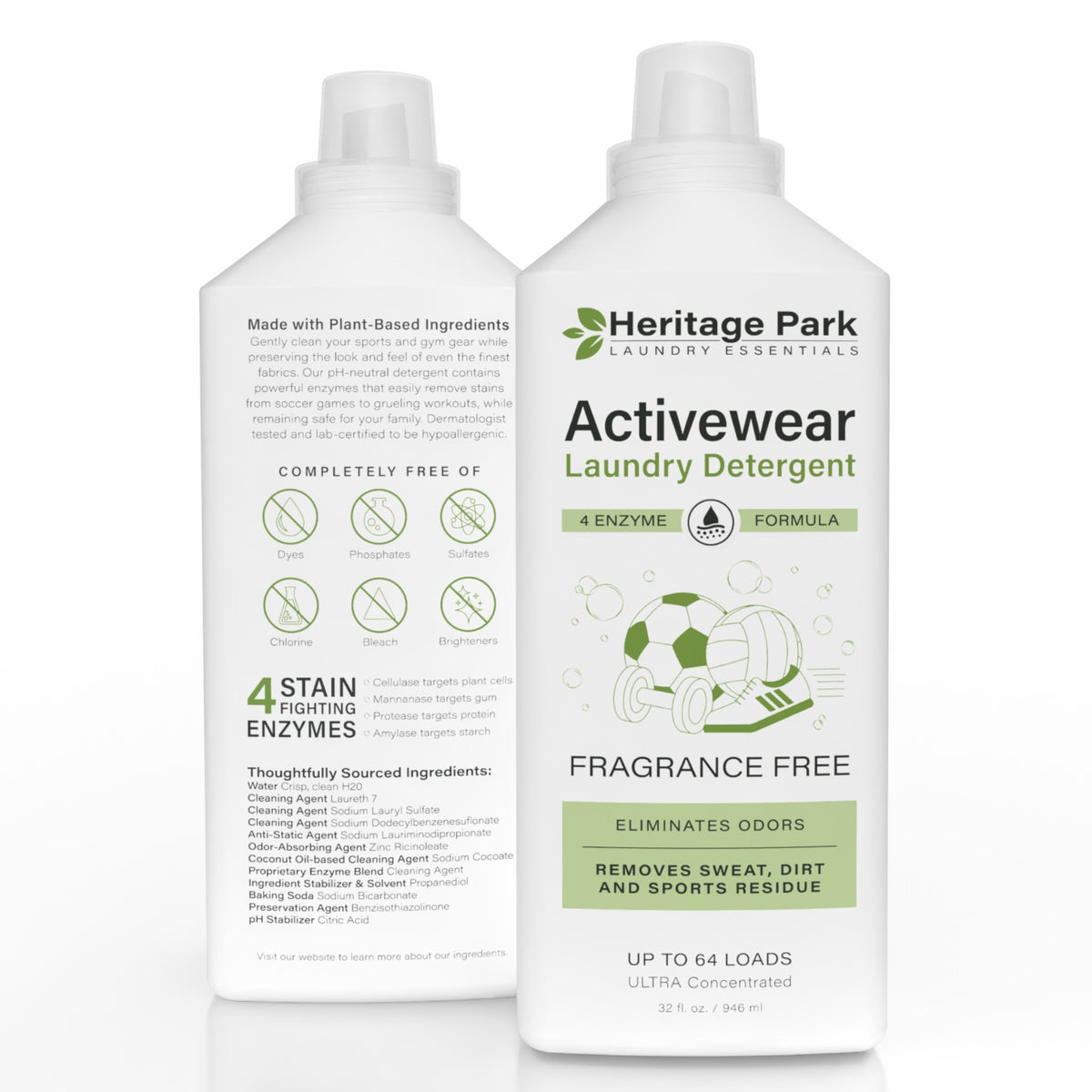 Front and Back of the 32 oz Heritage Park Activewear Laundry Detergent bottle