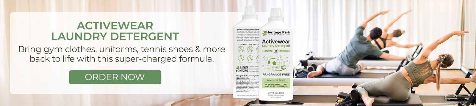 Heritage Park Activewear Laundry Detergent next to people stretching in a fitness class, emphasizing its ability to refresh gym clothes, tennis shoes, and uniforms by removing odors, sweat, and dirt. Click to order now.