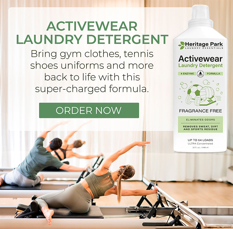Heritage Park Activewear Laundry Detergent next to people stretching in a fitness class, emphasizing its ability to refresh gym clothes, tennis shoes, and uniforms by removing odors, sweat, and dirt. Click to order now.