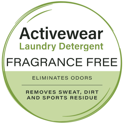 Heritage Park Activewear Laundry Detergent label highlighting its fragrance-free formula designed to eliminate odors and effectively remove sweat, dirt, and sports residue.