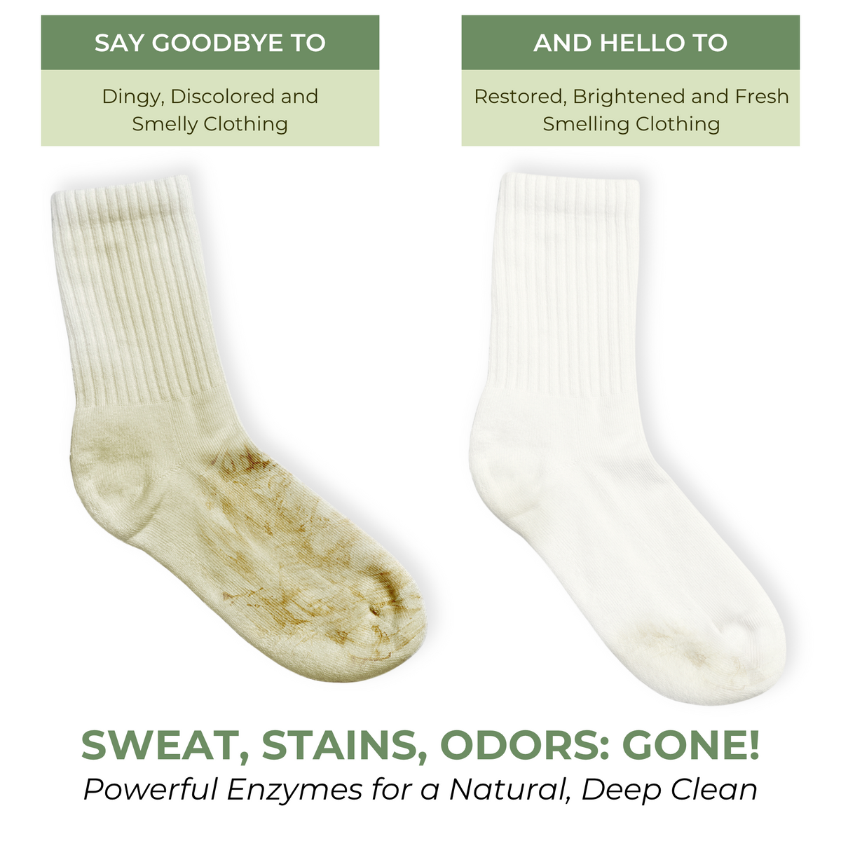 Before and After of Heritage Park Activewear Laundry Detergent cleaning white socks