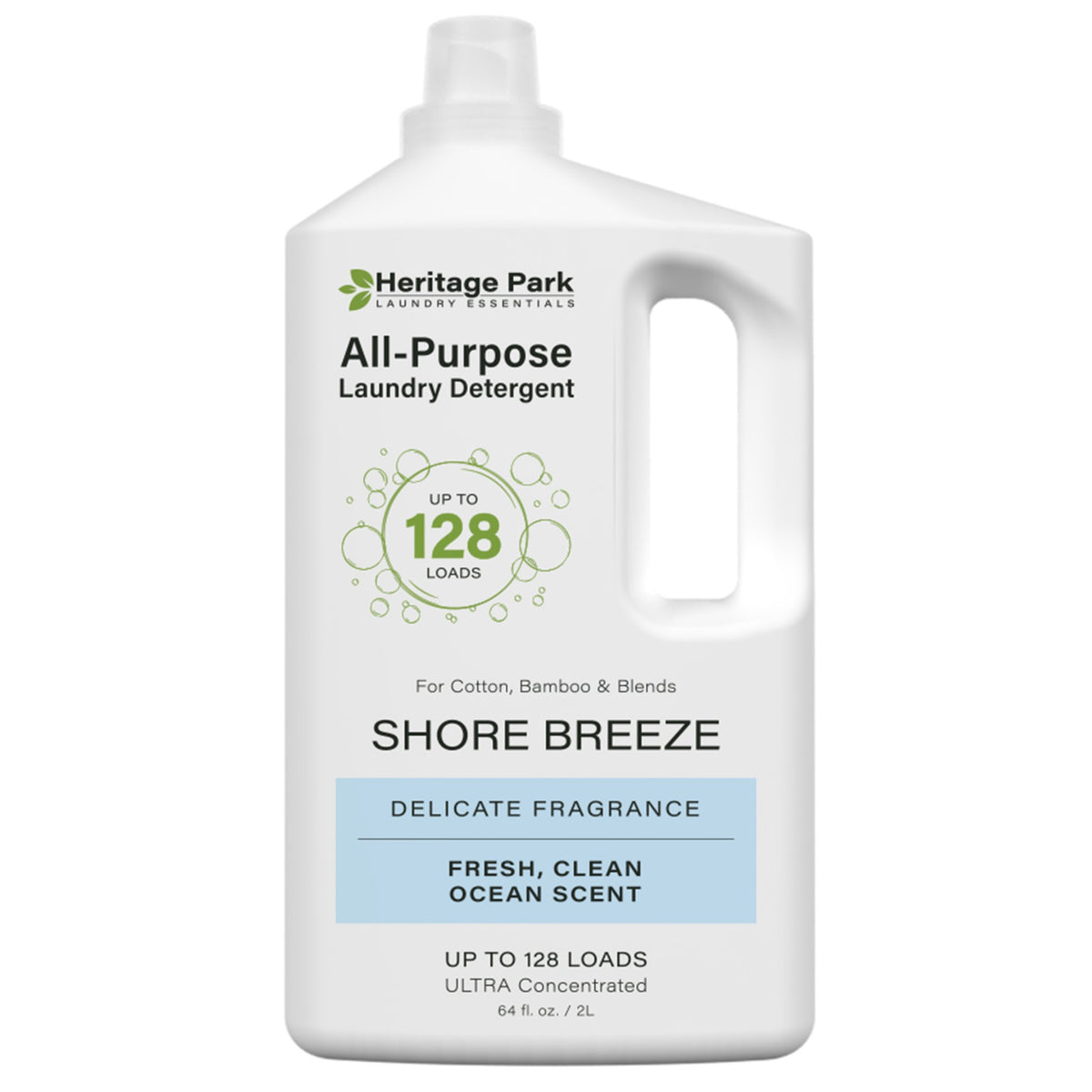 64 oz bottle of Heritage Park Shore Breeze All Purpose Laundry Detergent