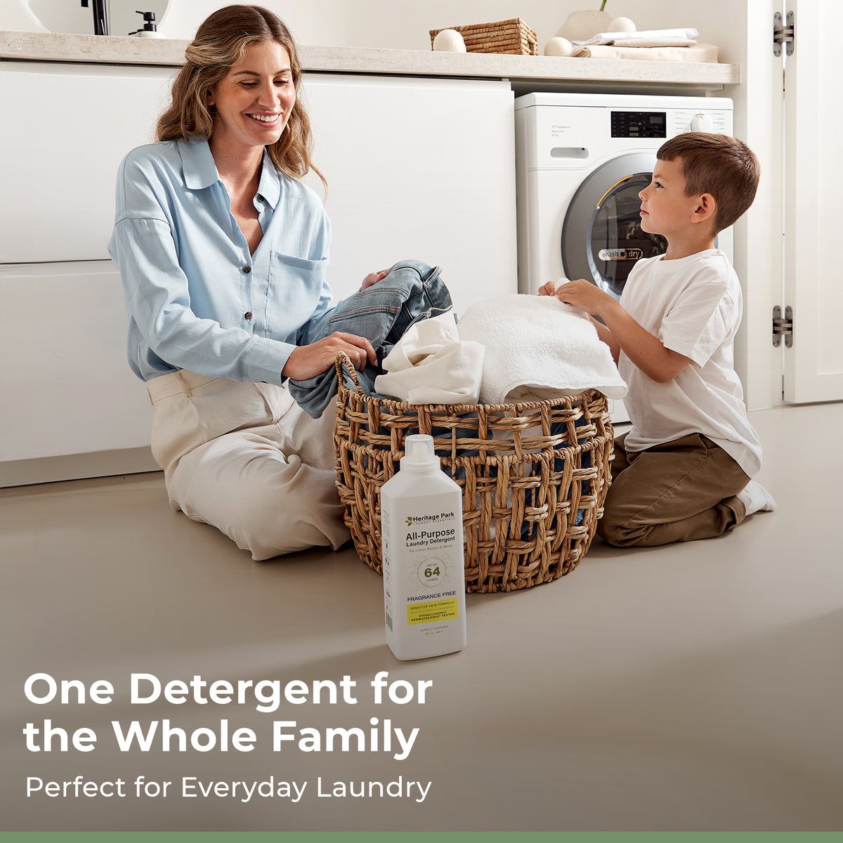 Mom and son doing laundry with Fragrance Free Heritage Park All Purpose 32oz bottle in front and a text saying it’s for the whole family