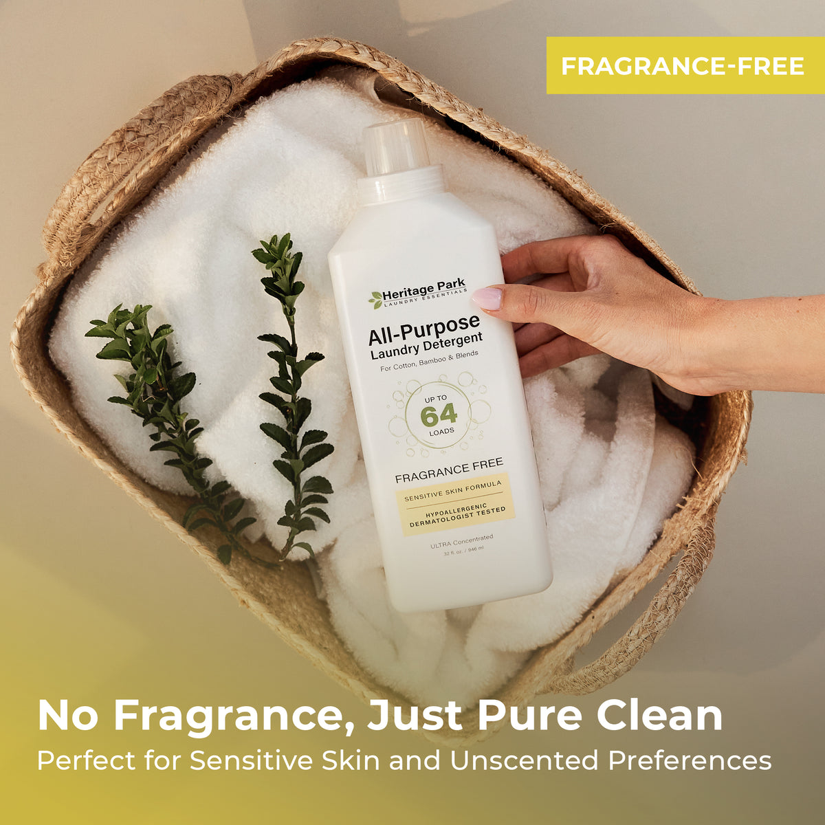 Fragrance Free Heritage Park All Purpose Laundry Detergent on a laundry basket