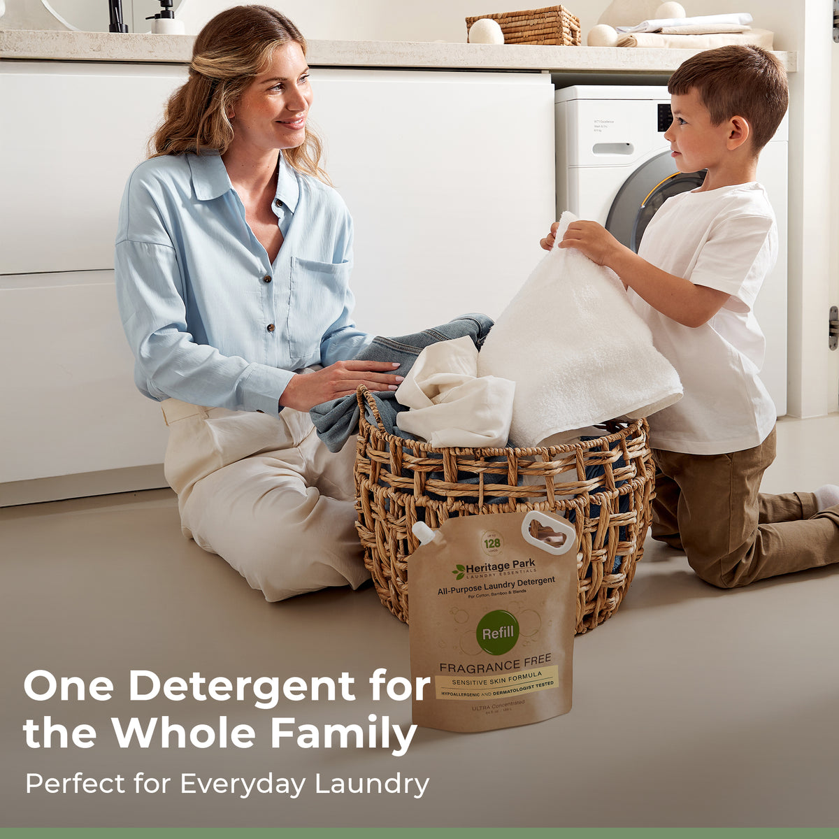 Mom and son doing laundry with Heritage Park All Purpose Fragrance Free refill pack in front and a text saying it’s for the whole family