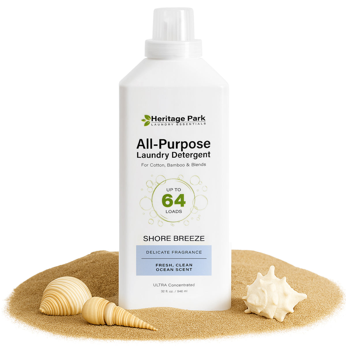 Bottle of Shore Breeze heritage park All Purpose laundry detergent 32 fl. oz. with sand and shells in background