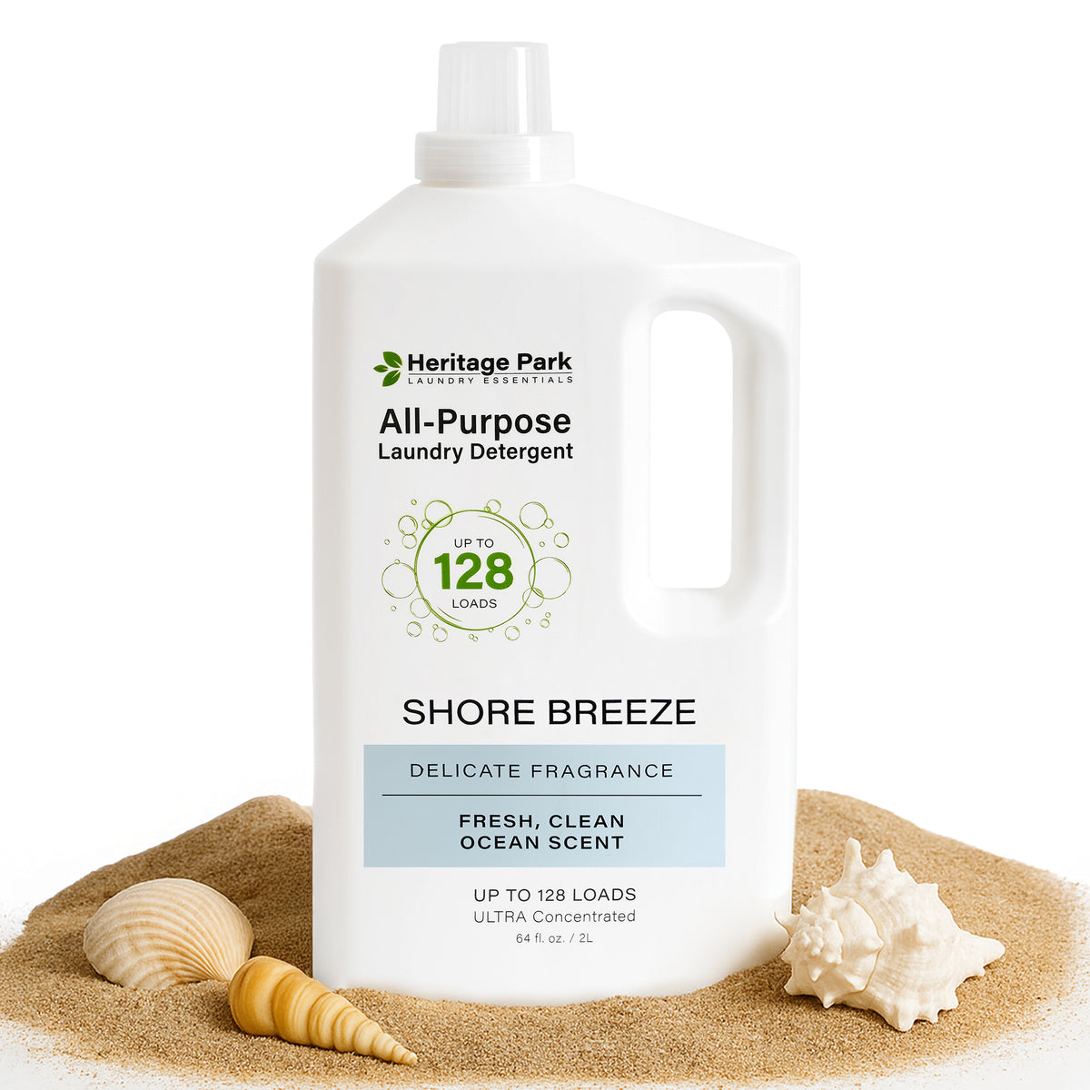 Bottle of Shore Breeze heritage park All Purpose laundry detergent 64 fl. oz. with sand and shells in background