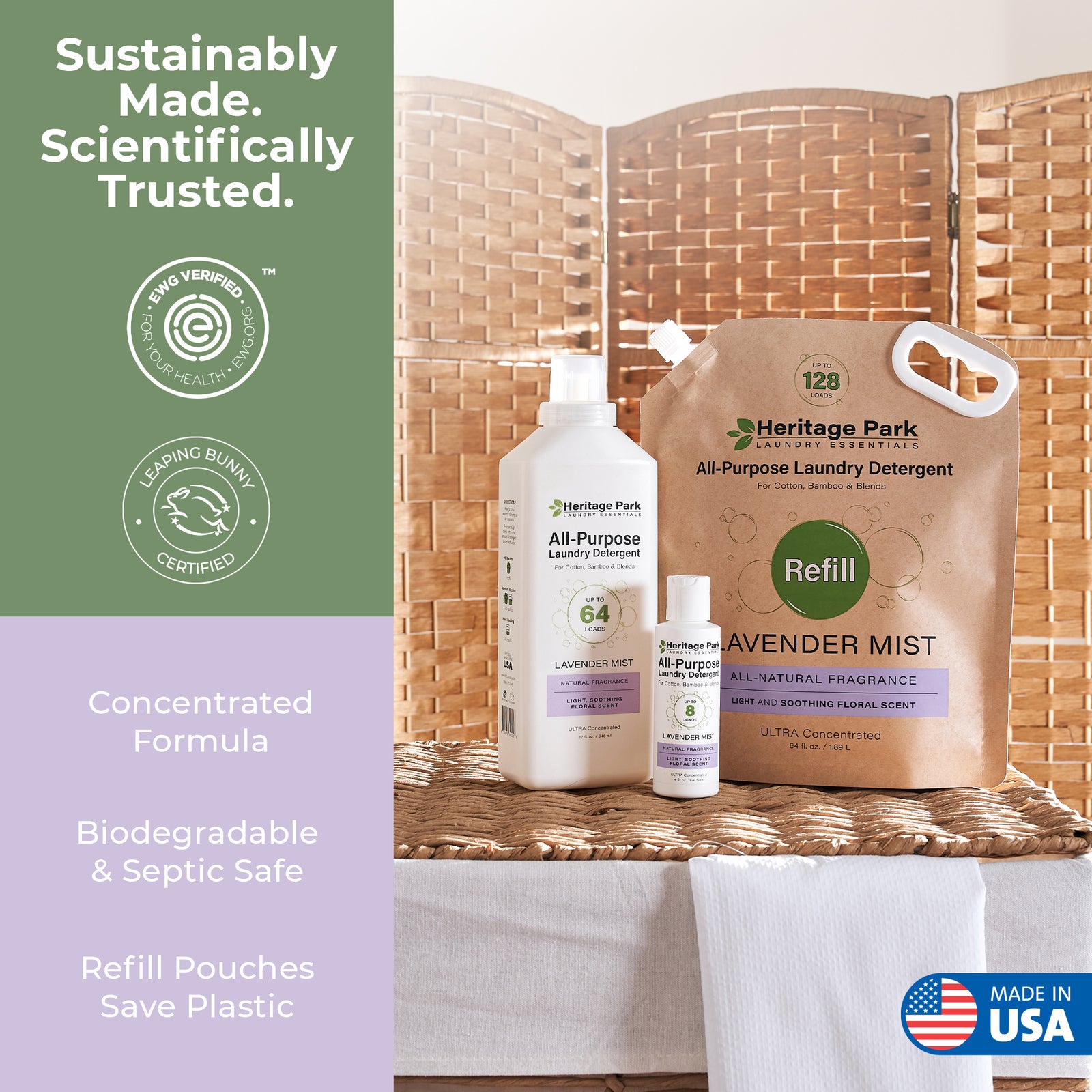 Heritage Park All Purpose Lavender Mist 32oz 4oz and refill packages with text saying biodegradable ingredients and made in USA