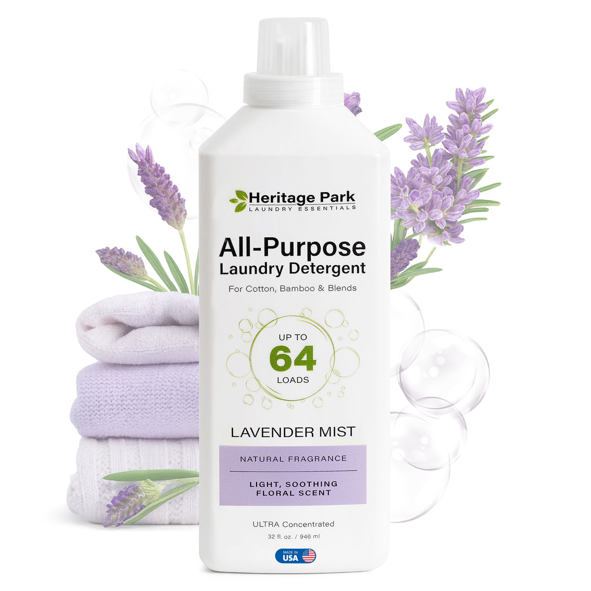 Lavender Mist Heritage Park All-Purpose laundry detergent 32 fl. oz. bottle with Lavender Flowers in background