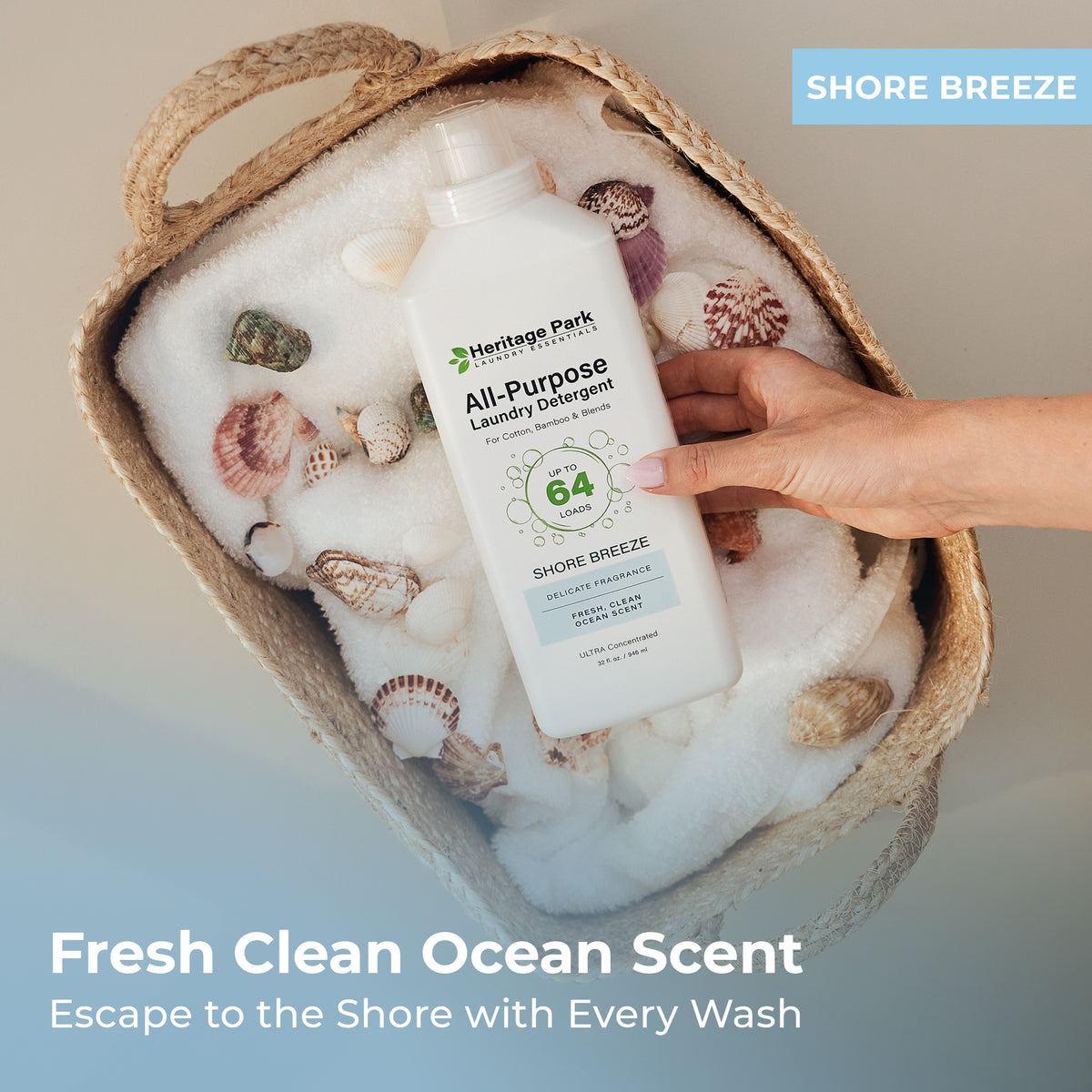 Heritage Park All Purpose Laundry Detergent with Shore Breeze Fragrance on a laundry basket