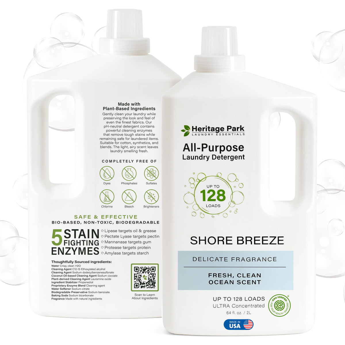 Front and back of Shore Breeze Heritage Park All Purpose laundry detergent 64 fl. oz. bottle