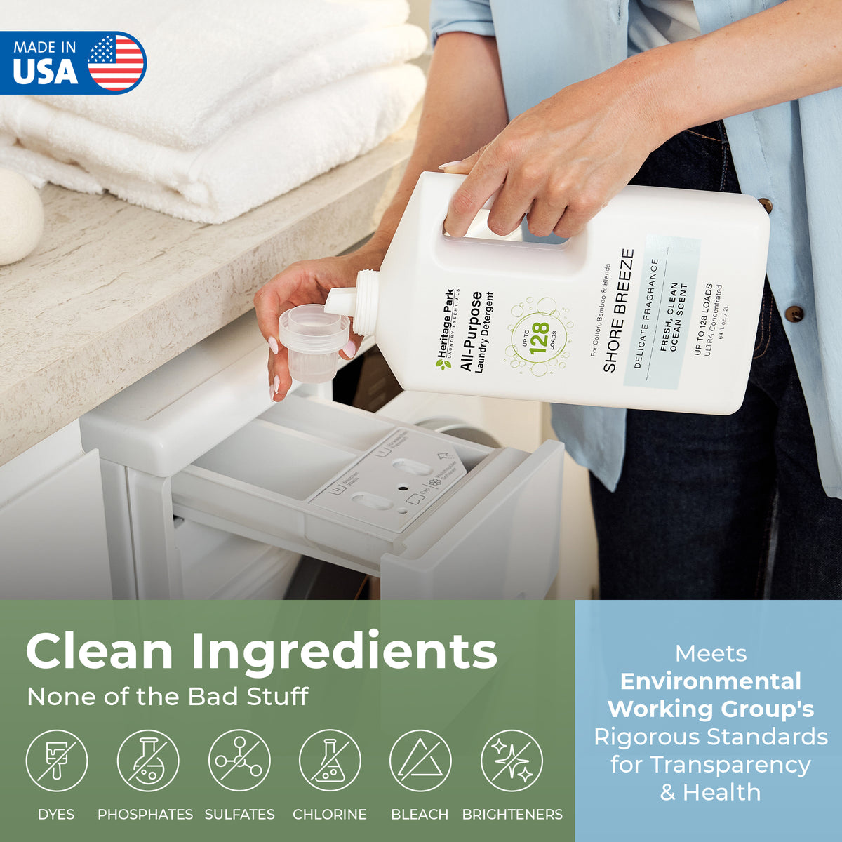 Woman pouring Heritage Park All Purpose Laundry Detergent in Shore Breeze Fragrance with Text Highlighting its clean ingredients
