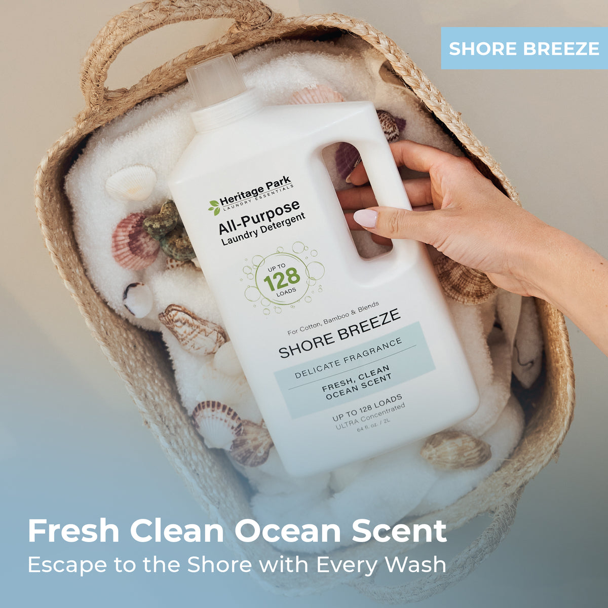 Heritage Park All Purpose Laundry Detergent with Shore Breeze Fragrance on a laundry basket