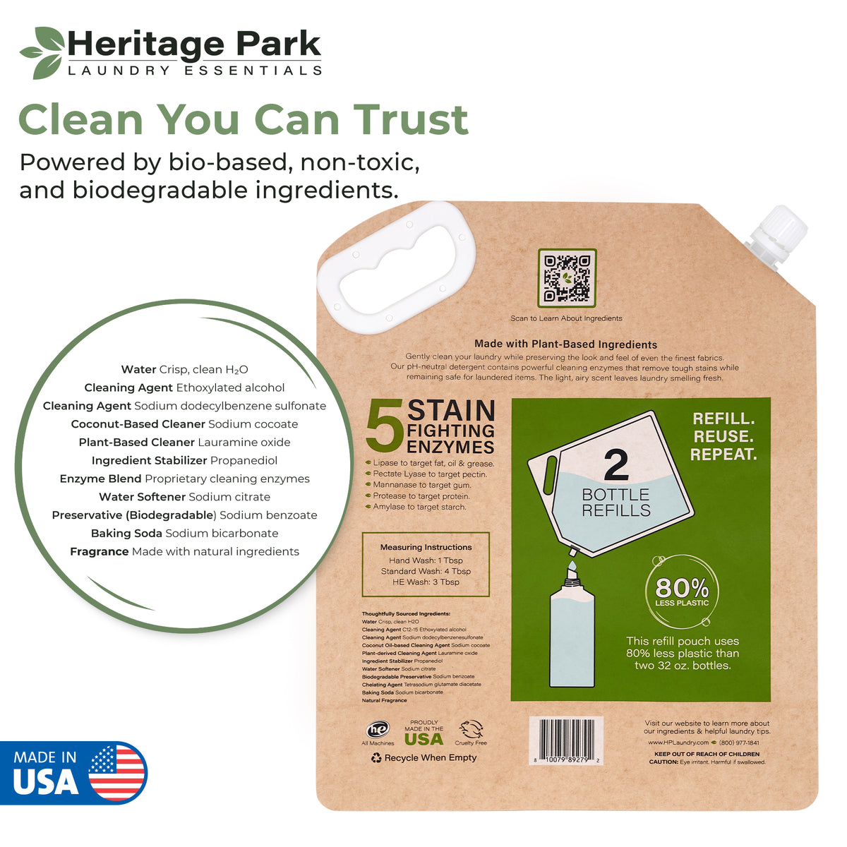 Ingredients list and back side of Heritage Park Laundry Detergent Refill pack