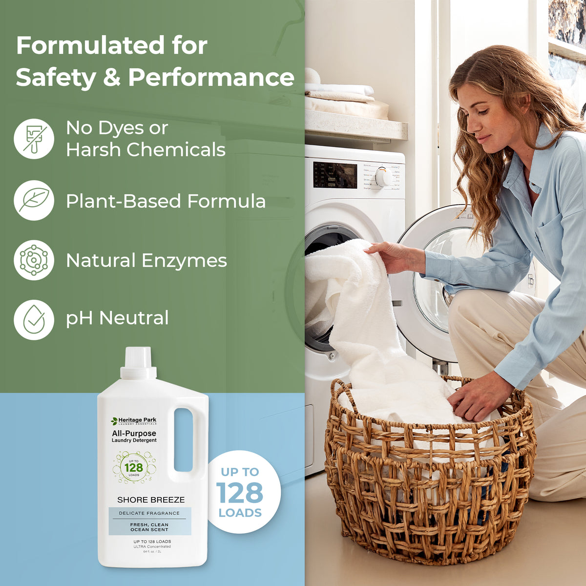 Woman collecting clean clothing from dryer with Heritage Park All Purpose Laundry Detergent with Shore Breeze  Fragrance image