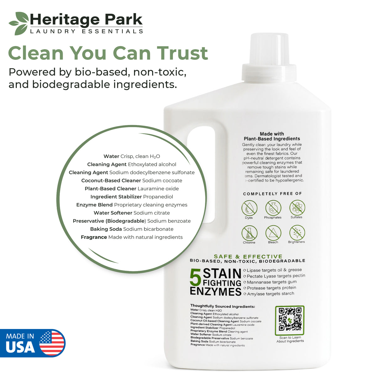 List of ingredients of a Heritage Park 64oz laundry detergent bottle