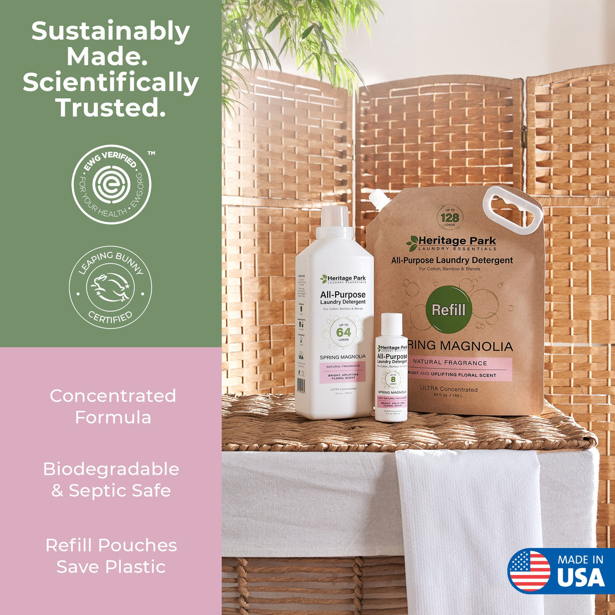 Heritage Park All Purpose Spring Magnolia 32oz 4oz and refill packages with text saying biodegradable ingredients and made in USA