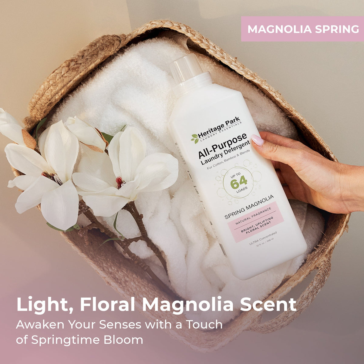 Heritage Park All Purpose Laundry Detergent with Spring Magnolia Fragrance on a laundry basket