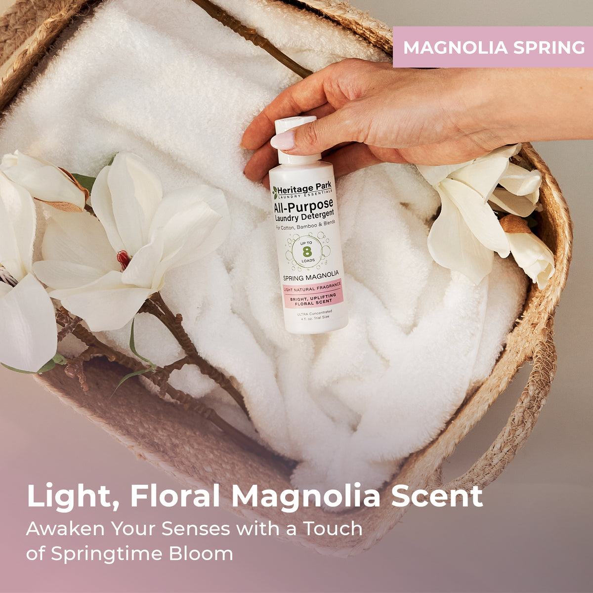 Heritage Park All Purpose Laundry Detergent with Spring Magnolia Fragrance on a laundry basket