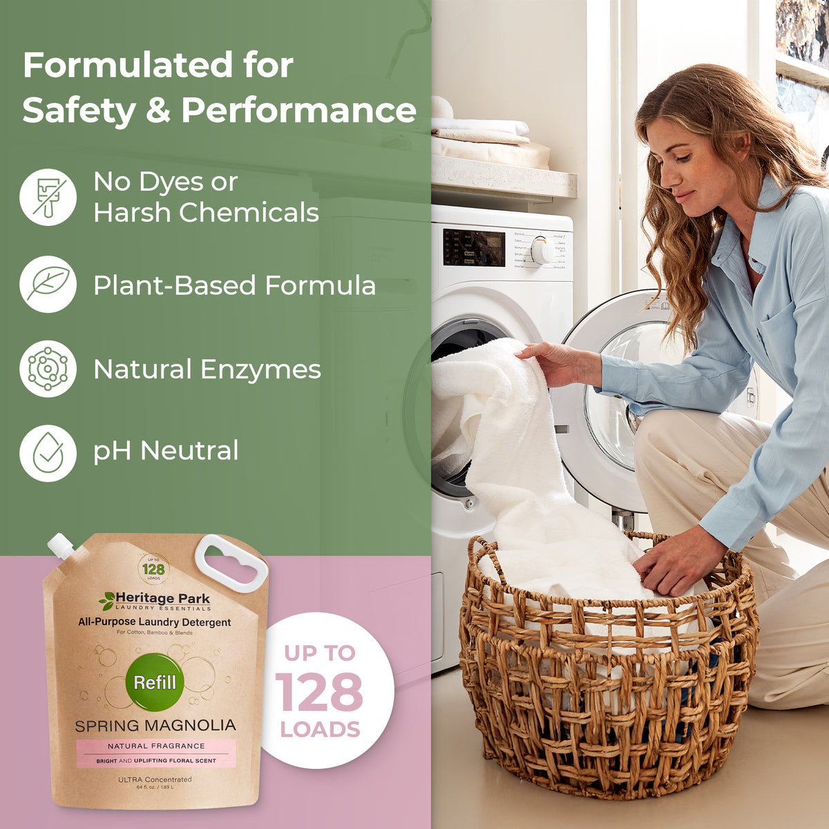 Woman collecting clean clothing from dryer with Spring Magnolia Heritage Park All Purpose Fragrance Free Laundry Detergent refill pack image