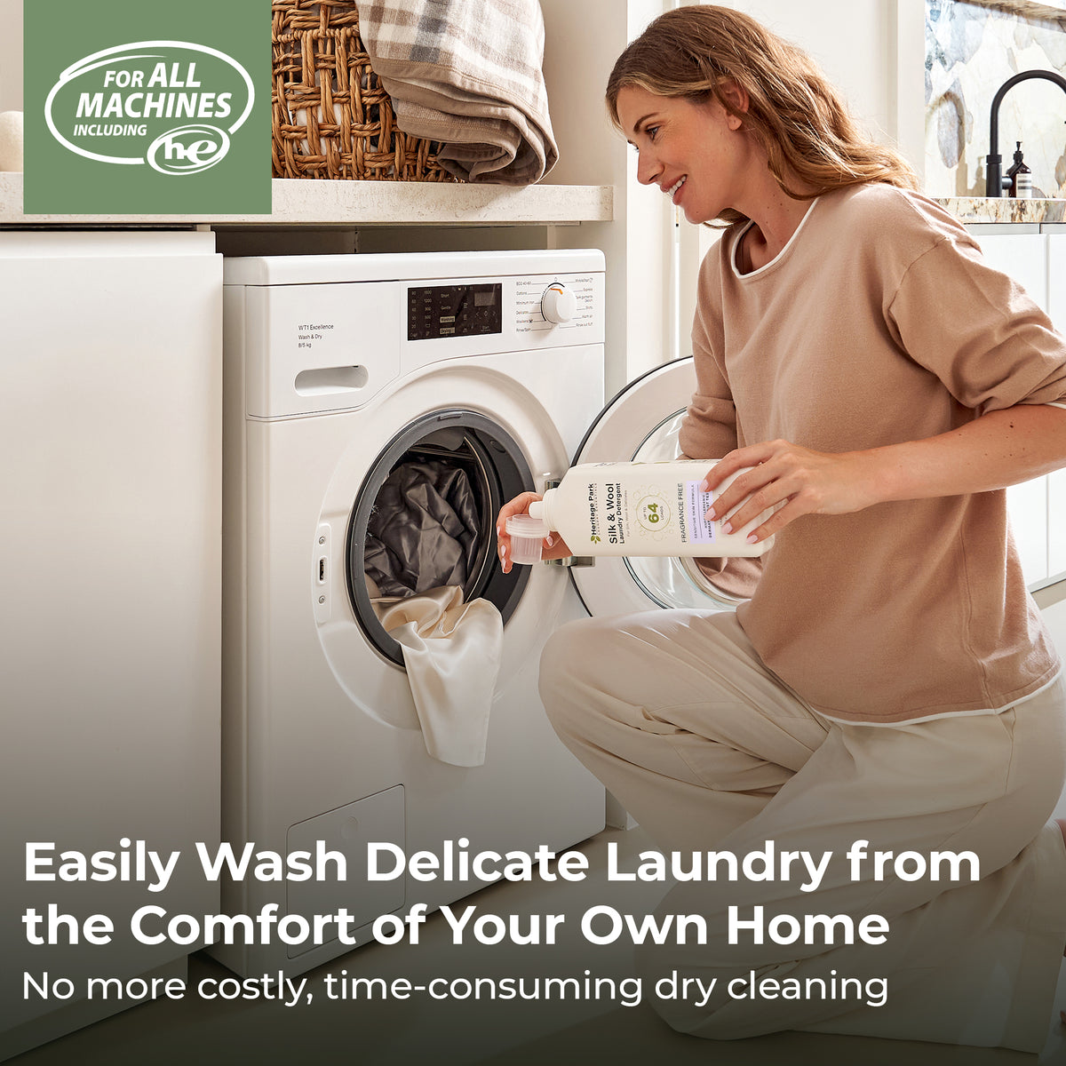 Lady using a Fragrance Free Heritage Park Silk Wool 32oz bottle to wash laundry