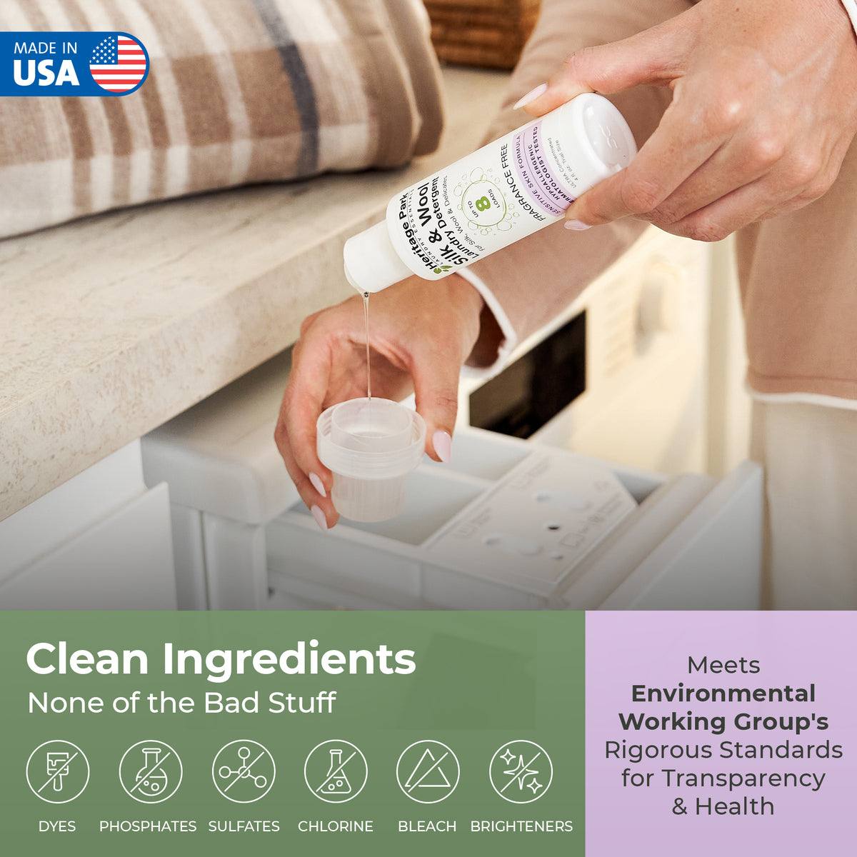 Woman pouring Fragrance Free Heritage Park Silk and Wool Laundry Detergent with Text Highlighting its clean ingredients