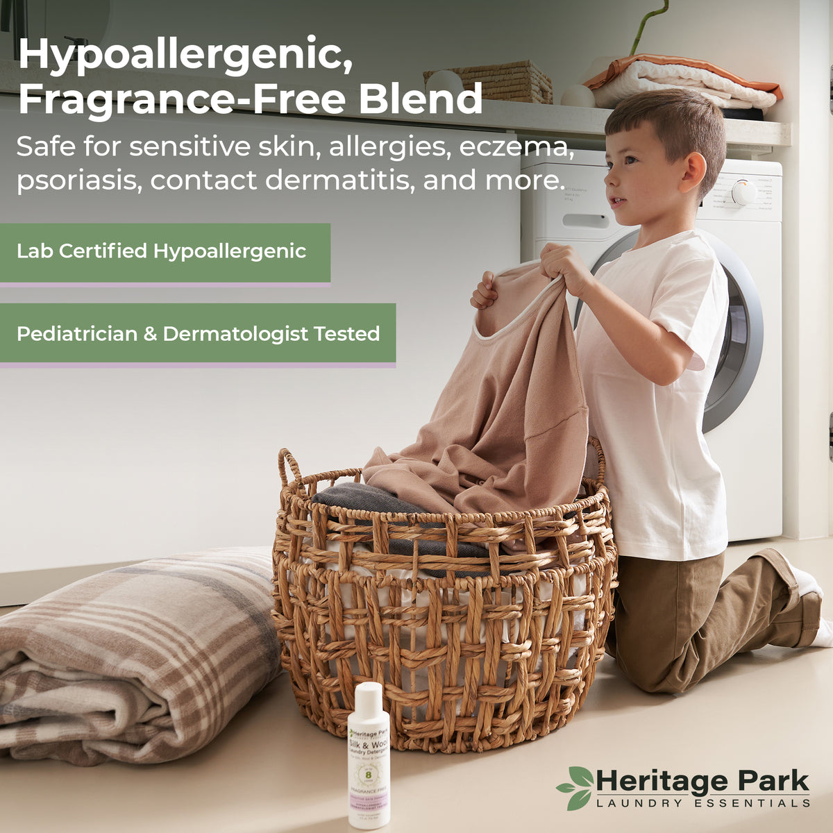 Boy hold clothing washed by Fragrance Free Heritage Park Silk and Wool 4oz bottle in front and a text saying it’s for the whole family