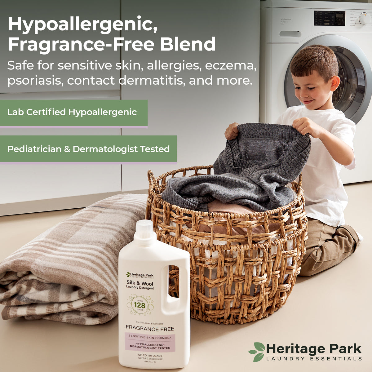 Boy hold clothing washed by Fragrance Free Heritage Park Silk and Wool 64oz bottle in front and a text saying it’s Hypoallergenic and Dermatologist tested