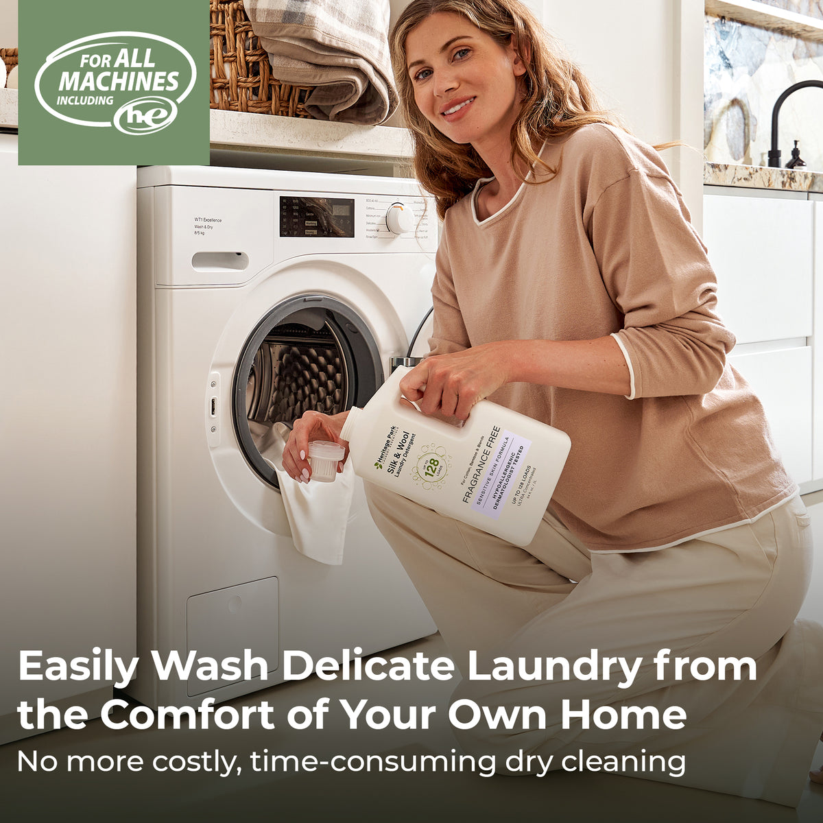 Woman pouring Fragrance Free Heritage Park Silk and Wool Laundry Detergent with Text Highlighting it’s for delicate laundry