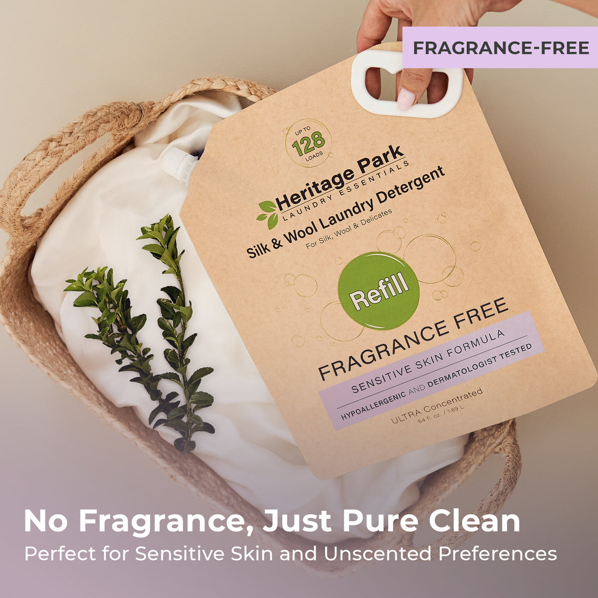 Fragrance Free Heritage Park Silk and Wool Laundry Detergent refill pack on a laundry basket