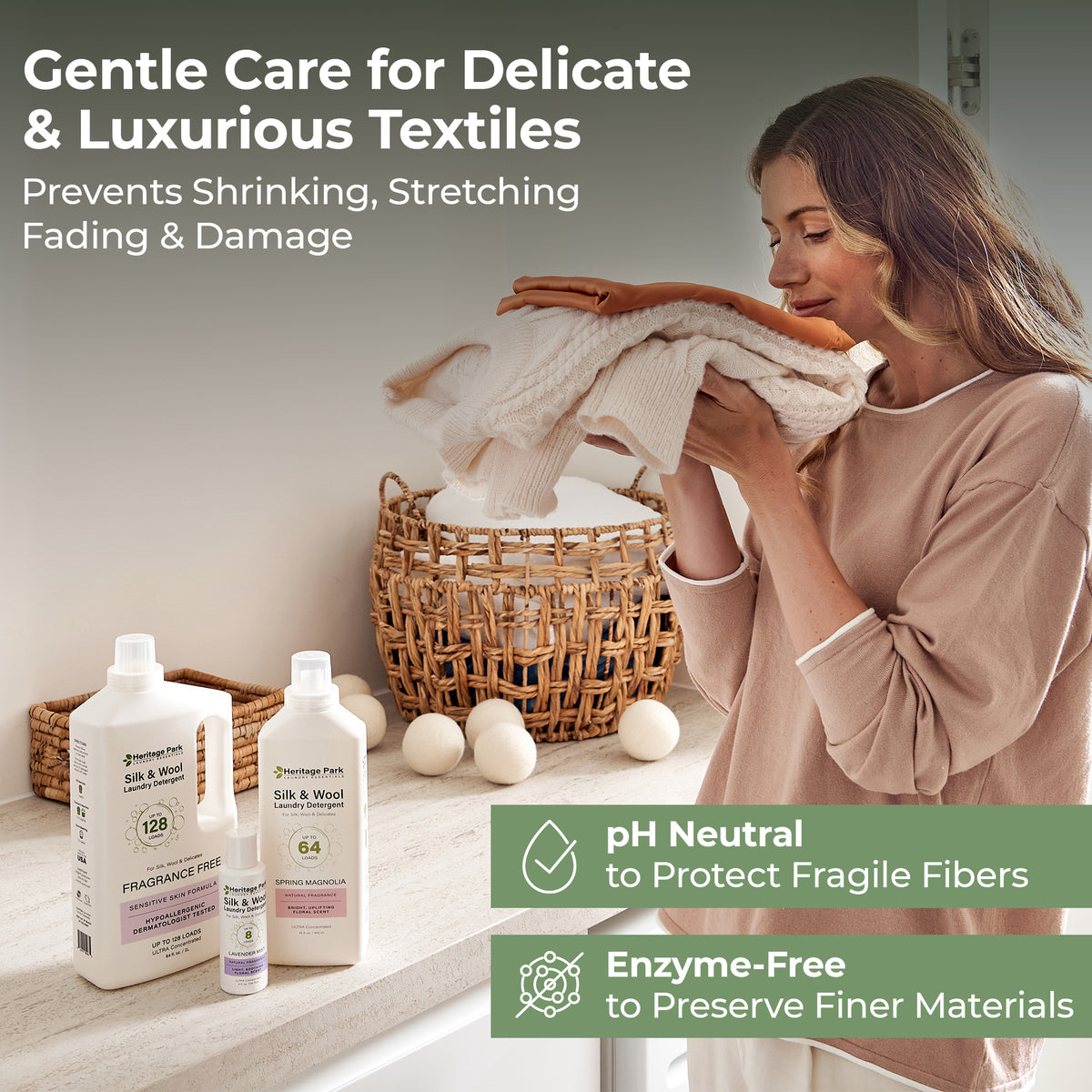 Lady smells clean clothing washed by Heritage Park Laundry Detergents 