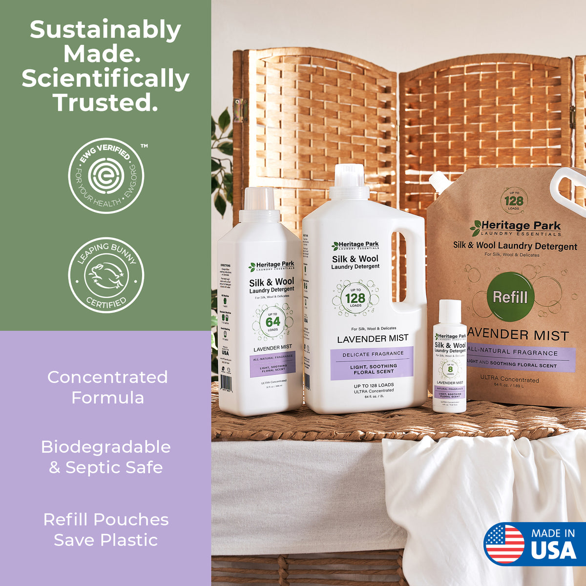 Heritage Park Silk and Wool Lavender Mist 32oz 4oz and refill packages with text saying biodegradable ingredients and made in USA